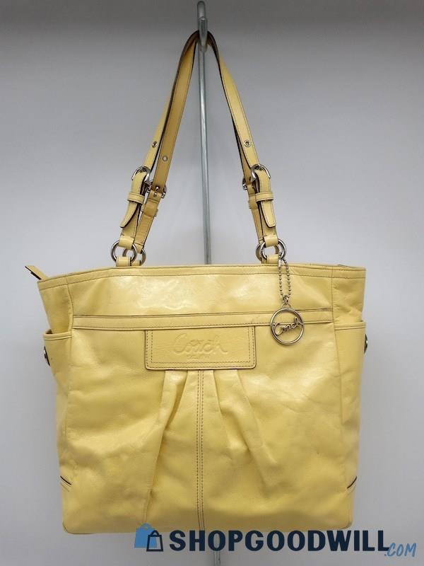 Coach Gallery Yellow Pleated Patent Leather Tote Handbag Purse