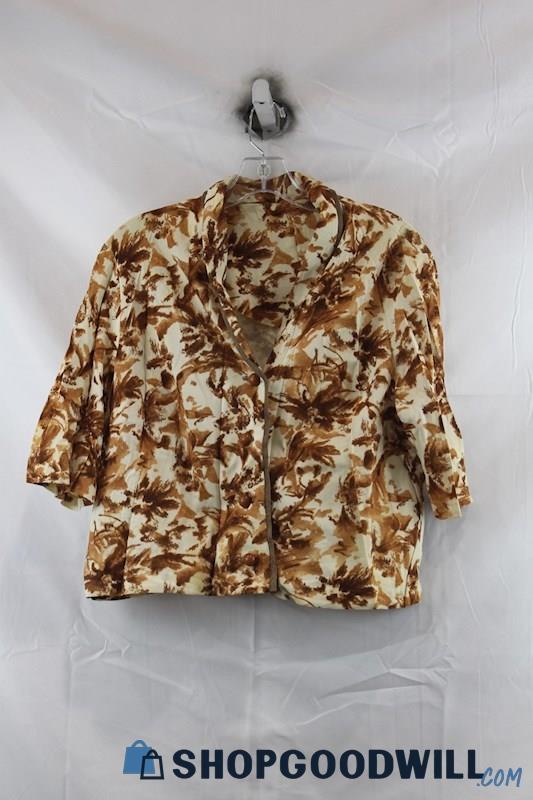 Unbranded Women's Brown/Beige Leaf Print Button Crop Shirt