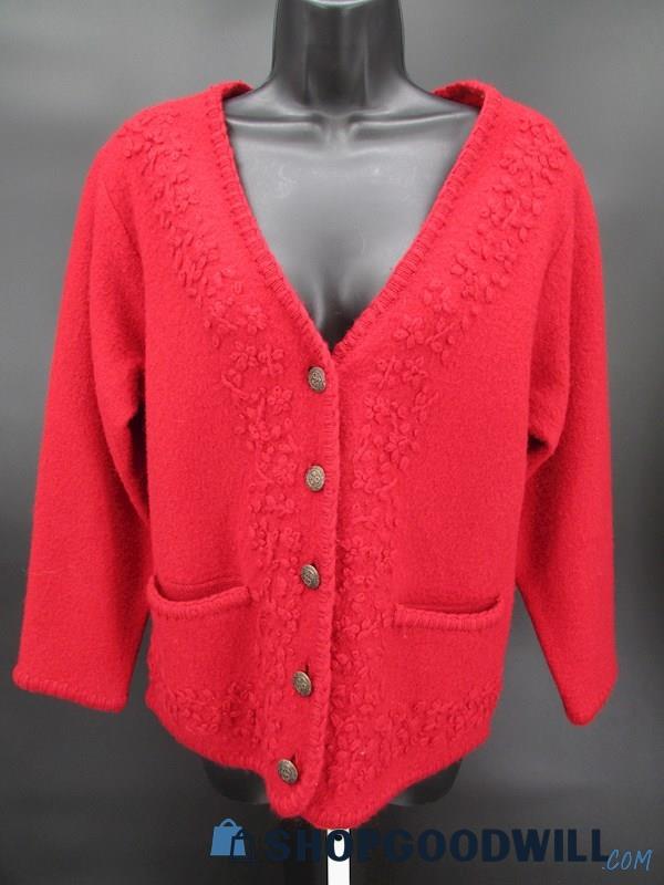 Crystal Kobe Women's Vintage 100% Boiled Wool Red Embroidered Cardigan SZ SP