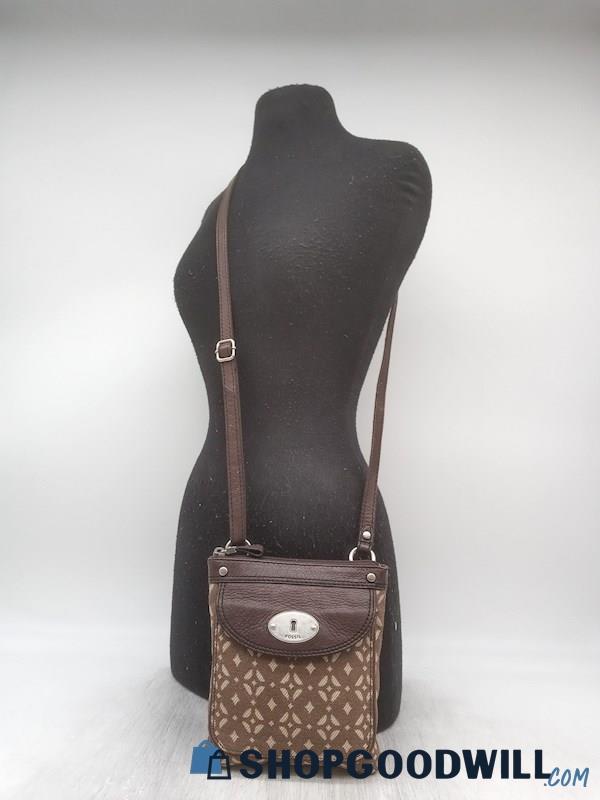 Fossil Dark Brown/Tan Pattern Jacquard Canvas Small Crossbody Handbag Purse