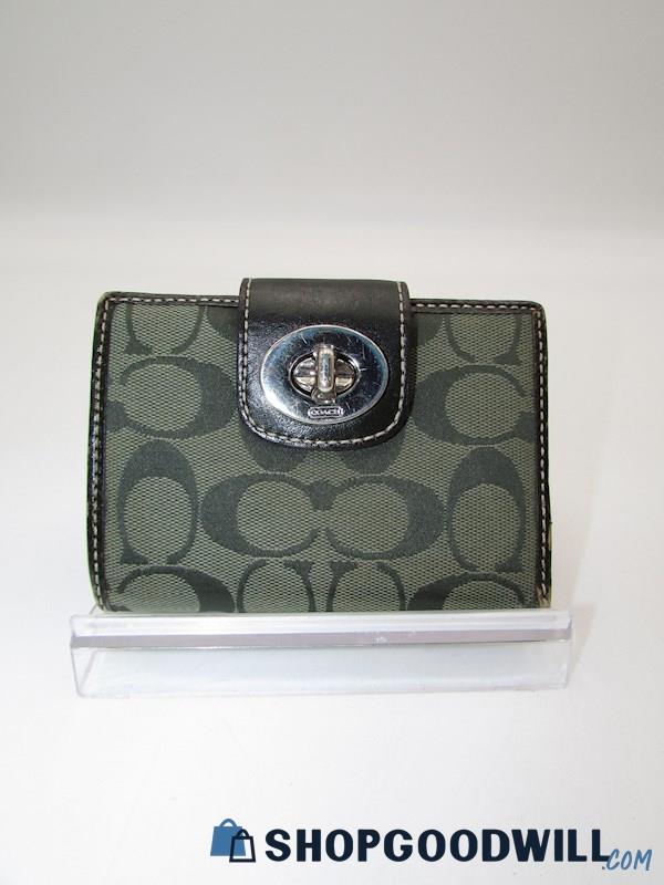 Coach Army Green Signature Canvas Turn Lock Bi-Fold Wallet Handbag Purse