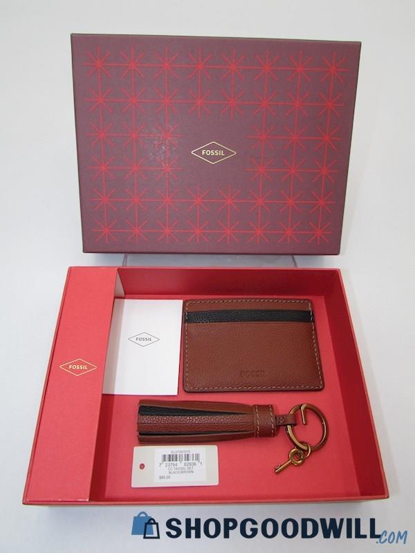 NIB Fossil Pebble Leather Credit Card Holder/Tassel Key Chain Gift Set Handbag 