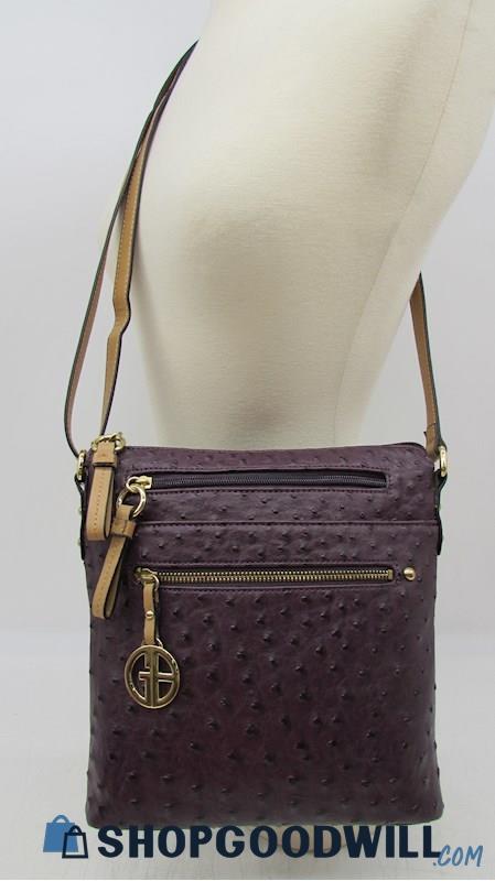 Giani Bernini 4 Pocket Purple Embossed Faux Ostrich Leather Xbody Handbag Purse