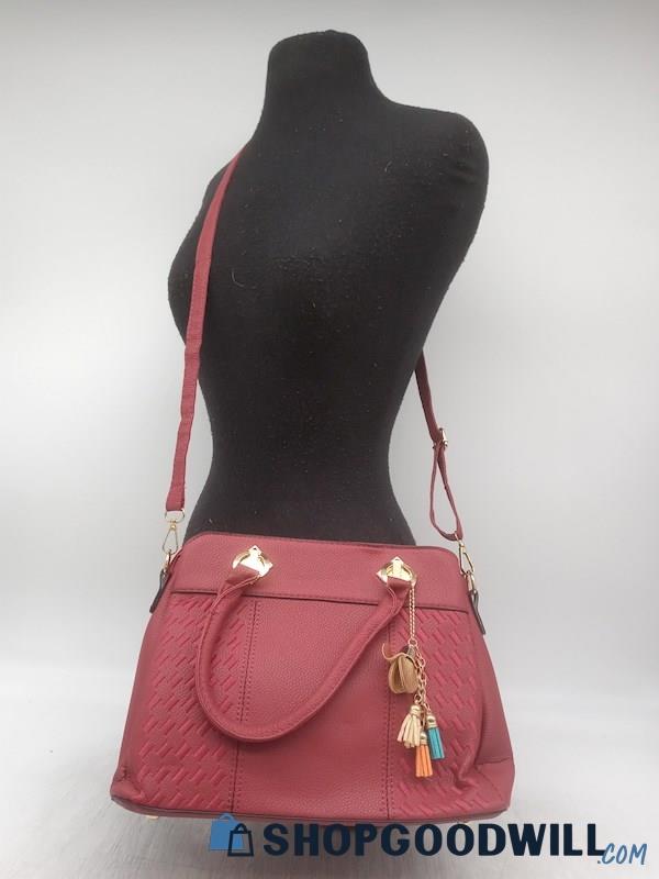 Women's Red Faux Pebble Leather Satchel Handbag Purse