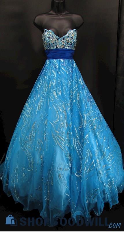 Cache Women's Aqua & Navy Blue Rhinestone Glitter Strapless Ballgown SZ 6
