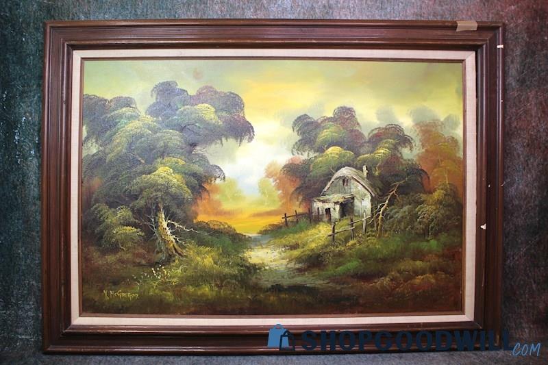 Framed Cottage in the Woods Forest Nature Painting Signed Y, McGregor Art PICKUP