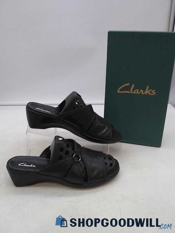 Clarks Women's Black Leather Slip On Wedge Sandals SZ 8