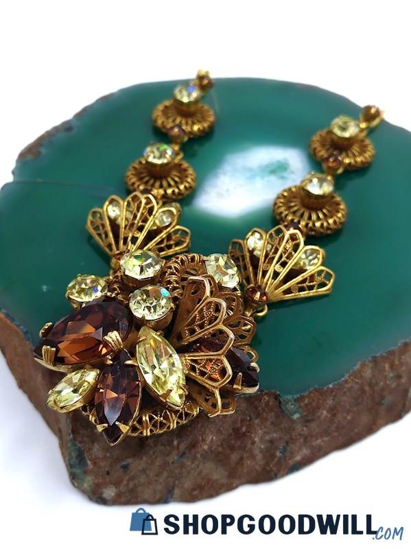 Vintage Gold-Tone Filigree Rhinestone Necklace 