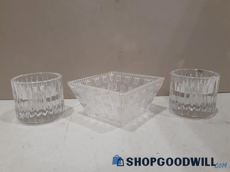 Tiffany Crystal Glass Dish & 2 Round Candlestick Holder