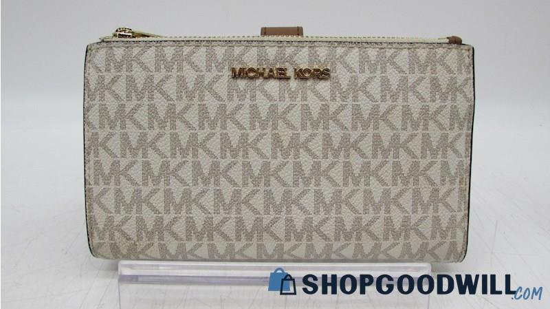 Michael Kors Jet Set Signature Vanilla PVC Lg. Double Zip Wristlet Handbag Purse