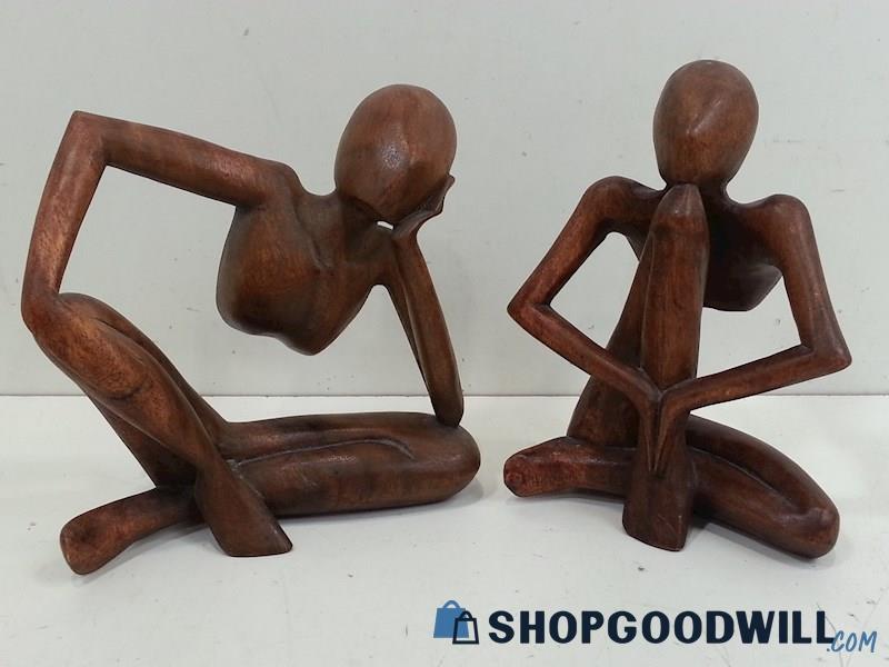 Hand Carved In Indonesia Wooden Abstract Human Figures Seated Lot Of 2 