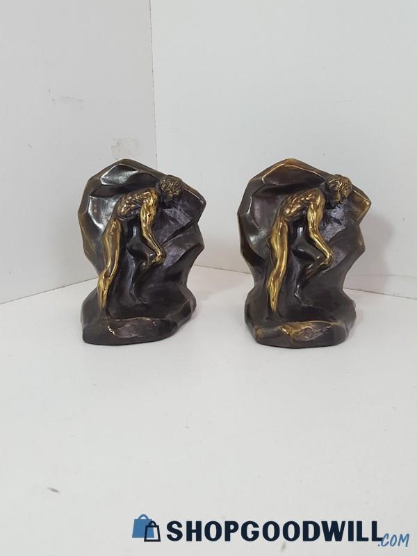 Patinated Metal Bronze Male Sisyphus Pushing Boulder Bookends Pair Of 2