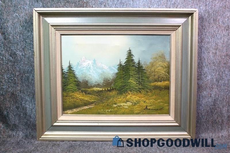 Framed Ice Mountain Forest River Bridge Nature Painting Signed Bosnell Art Decor