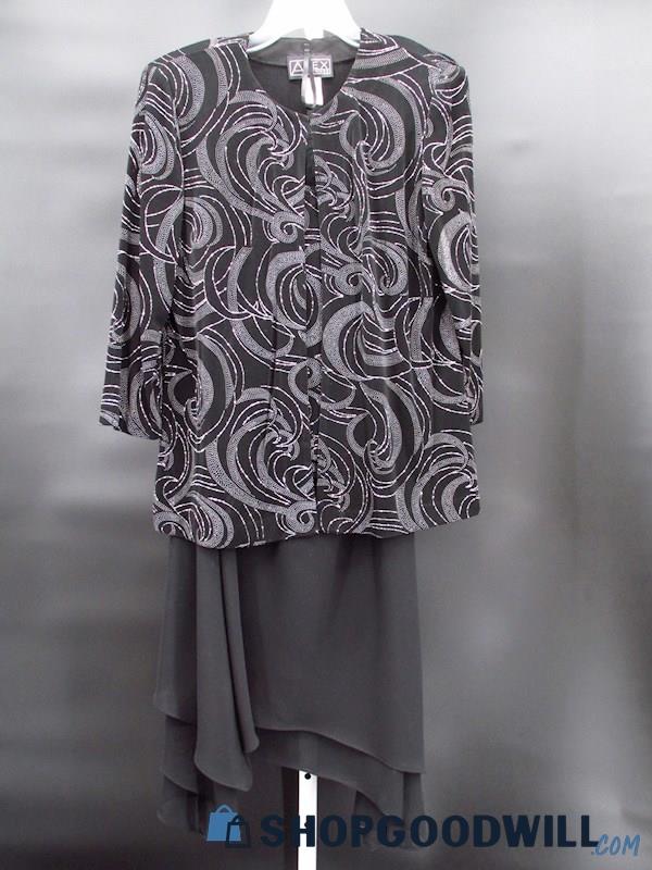 Vintage Alex Evenings Women's Black Glitter Patterned Jacket Dress Size L