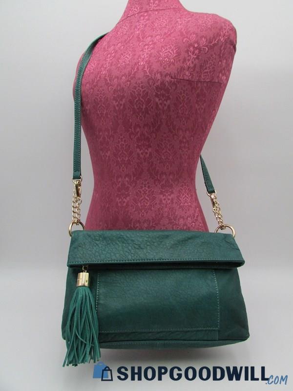 Perlina NY Emerald Leather Tassel Fold Over Crossbody Handbag Purse