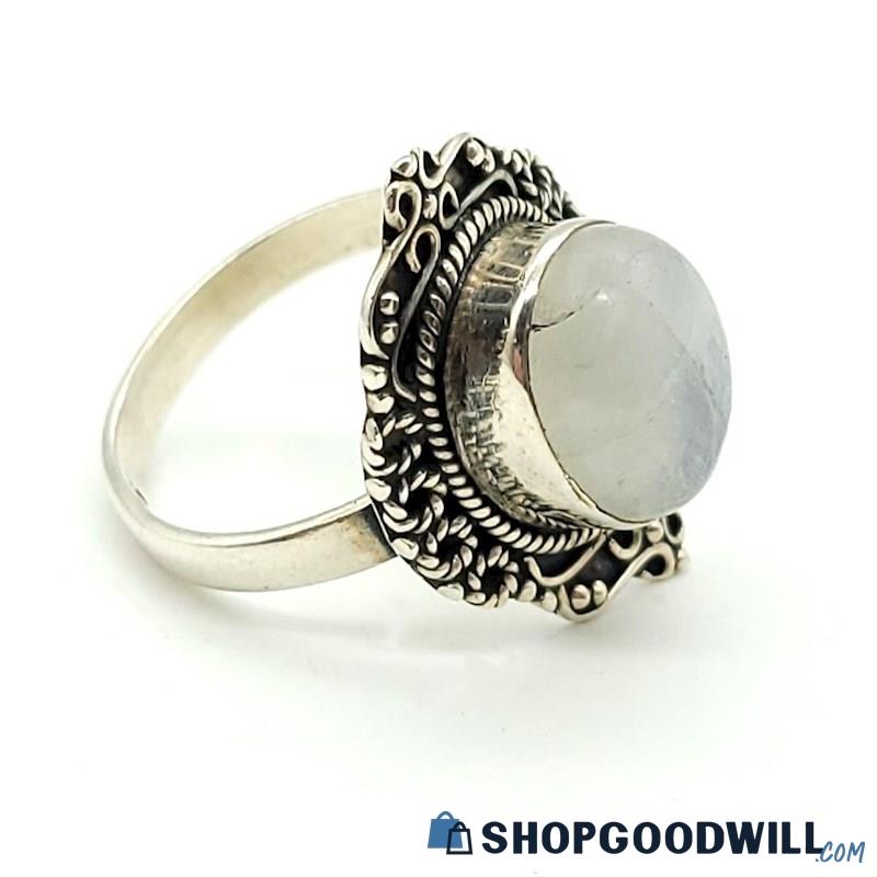 .925 Moonstone Cabochon Scrollwork Ring (Size 8 1/2) 5.16 Grams