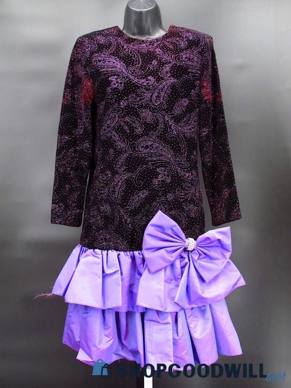 Vintage Jessica Howard Women's Purple Velvet Glitter Pattern Mini Dress Size 6P