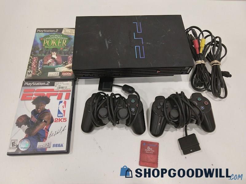 Playstation 2 Console W/Game, Cords and Controllers-Powers on
