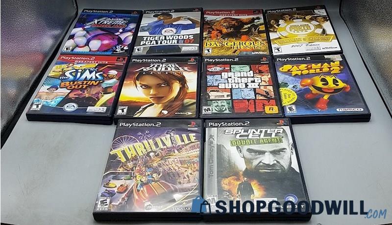  H) 10 Playstation 2 Games Lot Tomb Raider Grand Theft Auto Thrillville