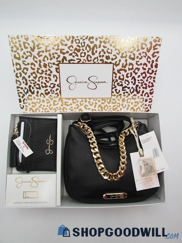 NIB Jessica Simpson Meteorite Black Chain Hobo/Card Holder Set Handbag Purse