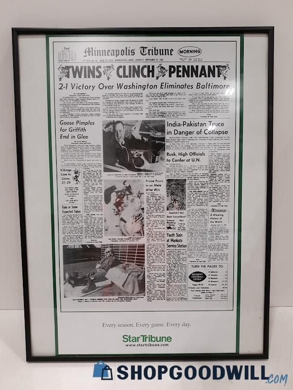Twins Clinch Pennant - Tribune Newspaper Reprint Poster - 9/27/1965