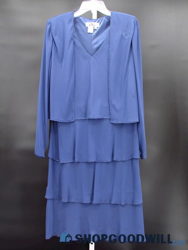 Vintage Patra Women's Stormy Blue Beaded V-Neck Tiered Dress Size 10
