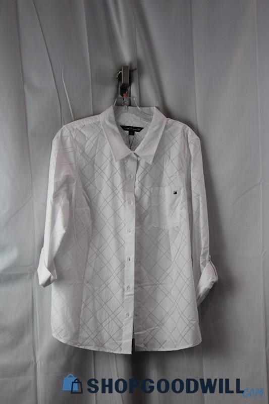NWT Tommy Hilfiger Women's SZ L White Shear Grid Pattern Long Sleeve Button UP