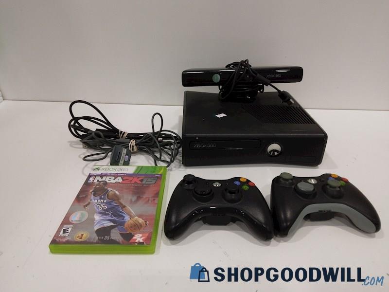 XBOX 360 S Console W/Kinect, Game, Cords and Controllers-Powers on