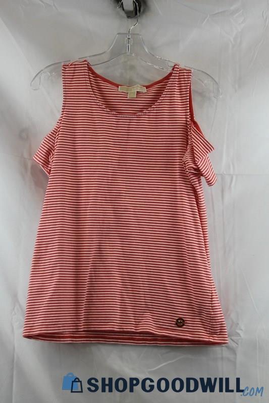 Michael Kors Women's Orange/White Stripes Open Shoulder Shirt SZ M