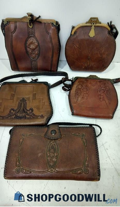 (2) 5 Mixed Brands Of Antique Leather Purses Some W/Strap & Unique Locks