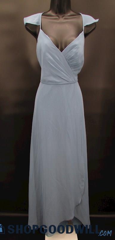 David's Bridal Women's Dusty Blue V Neck Ruffle Trim Detail Formal Gown SZ 6