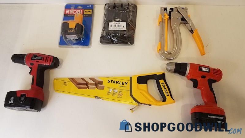 Lot 6pc Mixed Tools Car Parts Battery Ryobi Black & Decker Stanley Saw Drills+