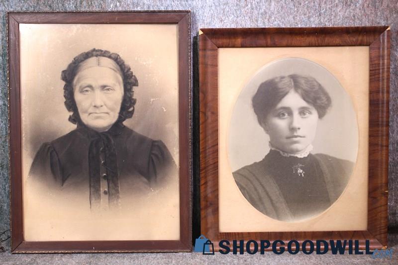 2 Framed Victorian Woman Portrait Photo Unsign+Drawing Signed Stephens 1914 Art