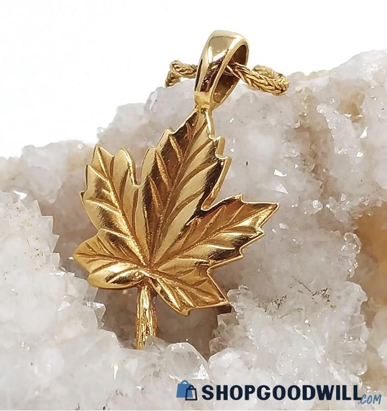 14K Yellow Gold Engraved Maple Leaf Necklace 3.92 Grams 