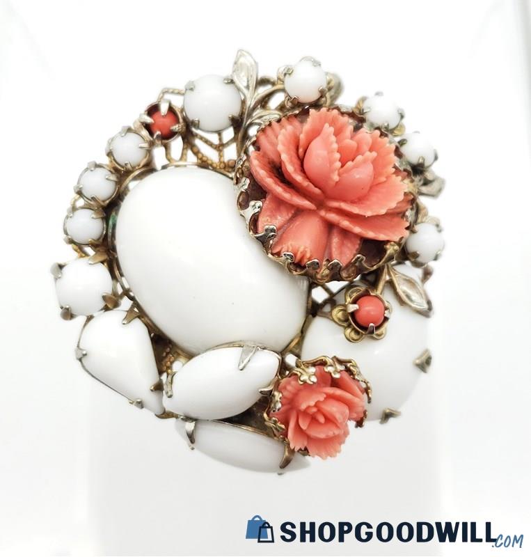 Vintage White Glass & Coral Color Celluloid Flower Brooch