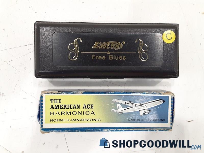 Lot 2pc East Top Free Blue Harmonica w/Case & The American Ace Harmonica IOB