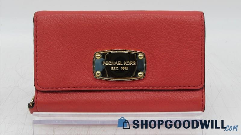 Michael Kors Coral Red Leather Tri-fold Tech Wallet Wristlet Handbag Purse
