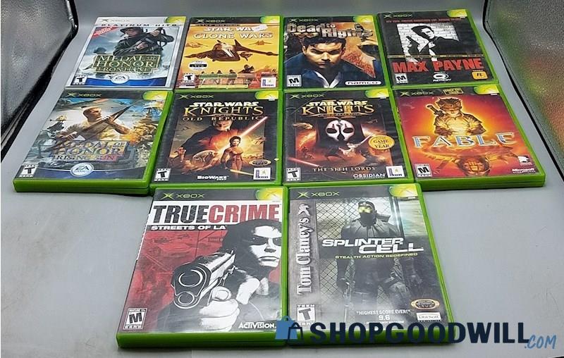 D) 10 Xbox Games Lot Star Wars Fable Splinter Cell Max Payne Medal of Honor