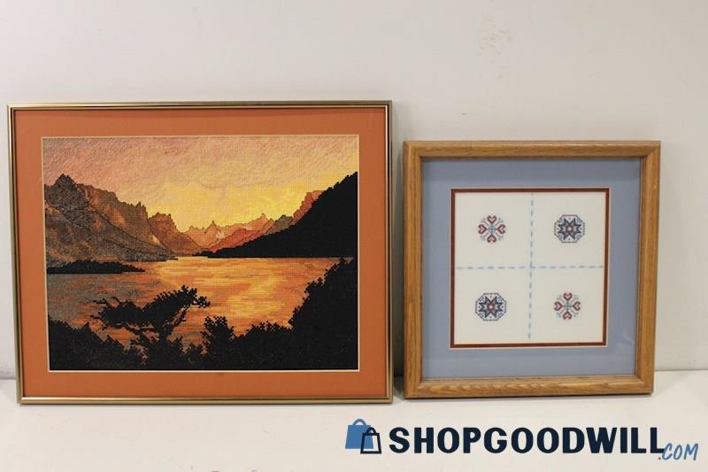 2 Framed Embroid Crewel CrossStitch Art 'Mountain Lake Sunset'&'Snowflake Stars'