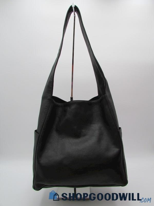 Eileen Fisher Sleek Jet Black Leather Hobo Handbag Purse