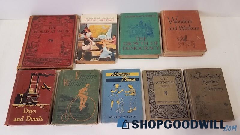 Antique/Vtg 1917-59 Kids' Schoolbooks HC Manners Reading Geography Math History+