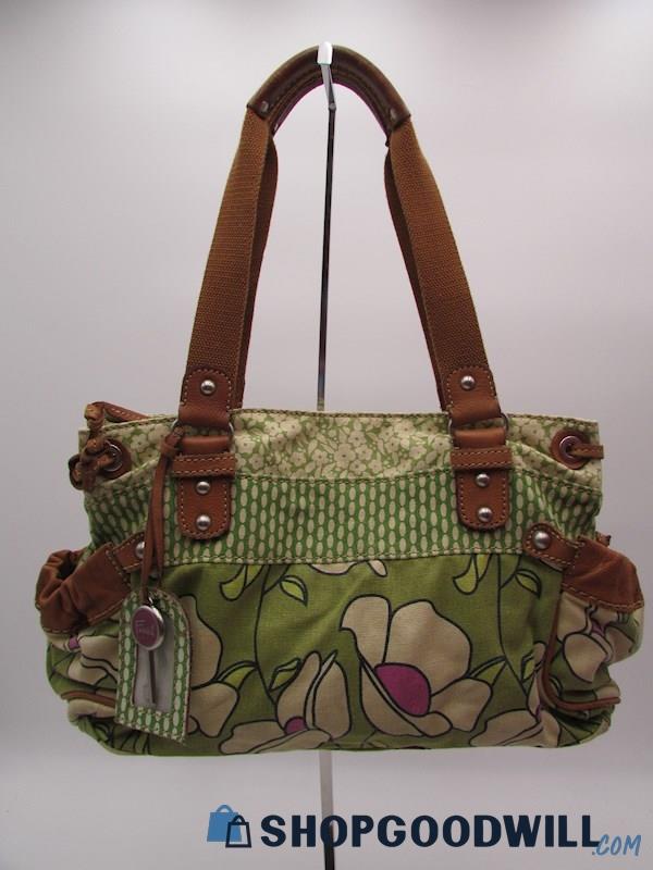 Fossil Vintage Green Floral Patchwork Canvas Shoulder Handbag Purse