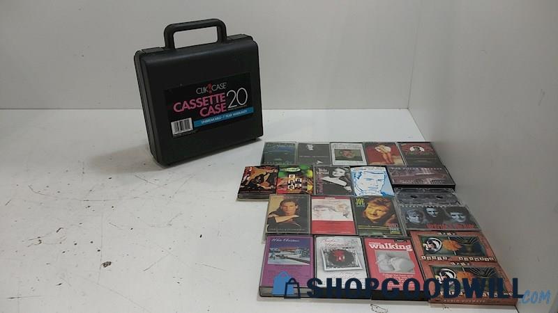 20pc Mixed Cassette Tapes w/Case Amy Grant, Elvis, Michael Bolton, Joe Diffie+