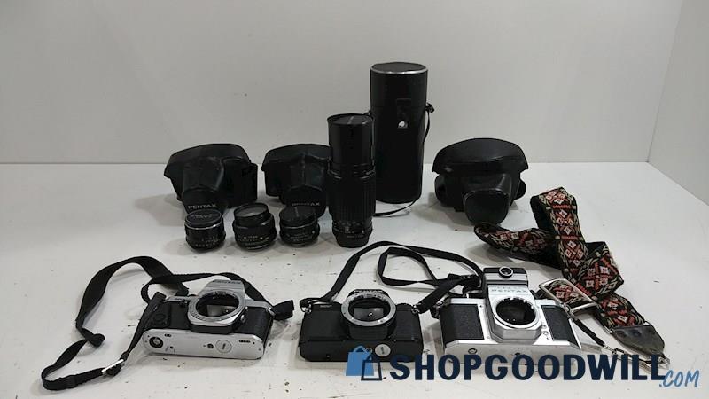 3 Pentax S1a Super Program & MV SLR Film Cameras w/Lens