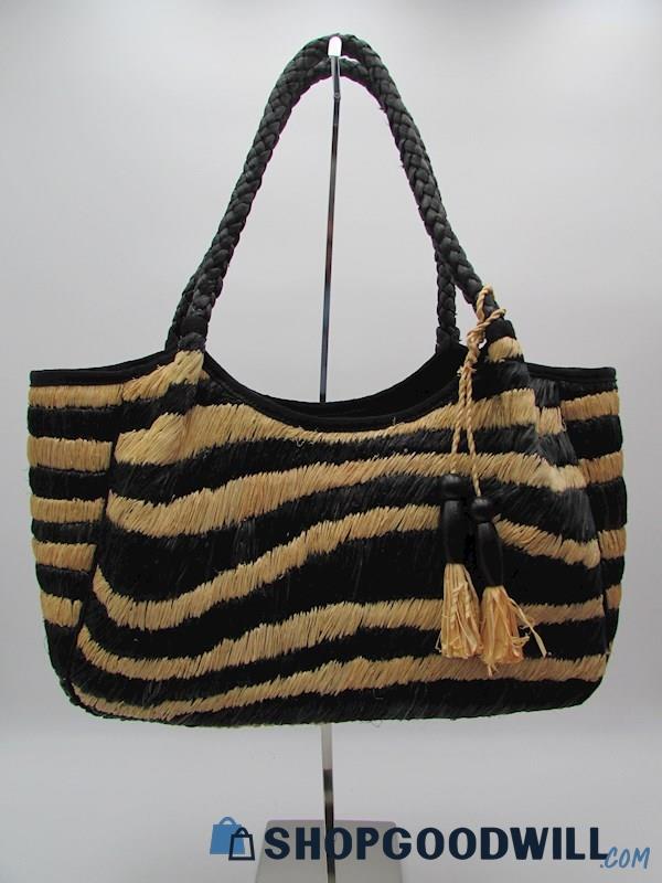 NWT J. Crew Black/Natural Zebra Striped Straw Beach Tote Handbag Purse