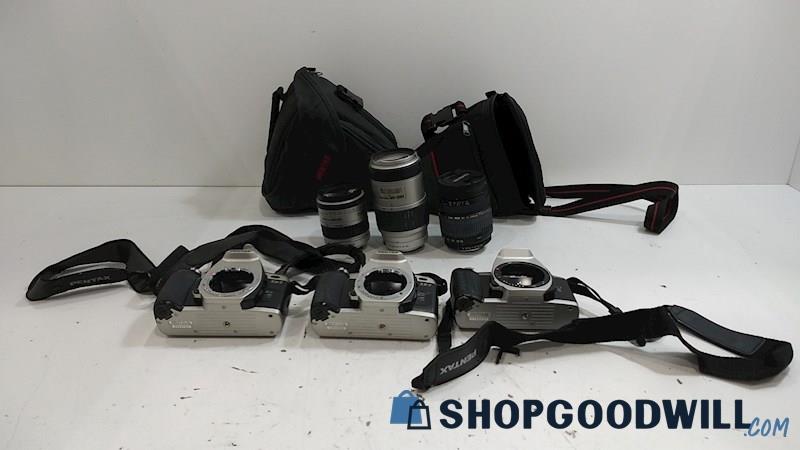3 Pentax ZX-7 & ZX-10 SLR Film Cameras w/Pentax & Tamron Lens 