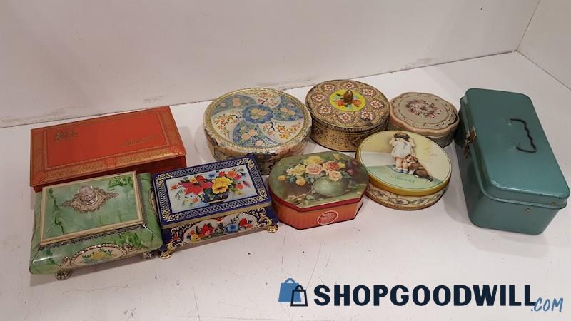 9 Vintage Tin Box's Pieces, Lot Of 9 English Co9ffee Candy Decorated Boxes