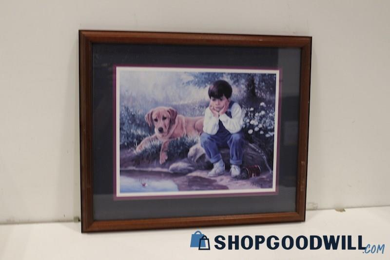 Framed Art Print 'A Boy and His Dog-Fishing Wish' Unsigned by Picker