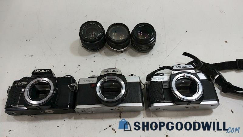 3 Minolta X-370 XG7 X-7A SLR Film Cameras w/28mm 50mm 55mm Lens