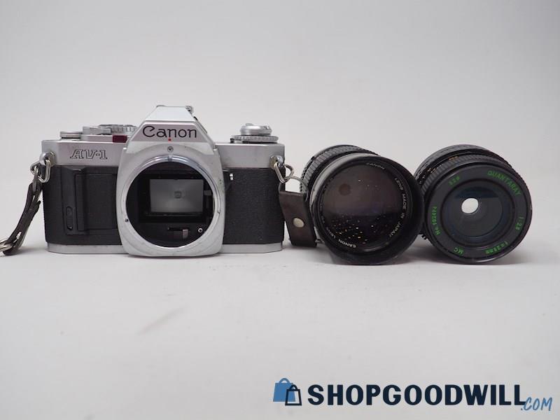 Canon AV-1 SLR Film Camera w/Canon FD 135mm & Quantaray 28mm Lens